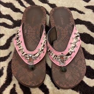 Pink leather/zebra stripe flip flops